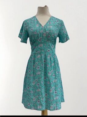 Loft Aqua Blue Floral Short Sleeve Mini Sun Dress Size 4 NWT Fit & Flare Light